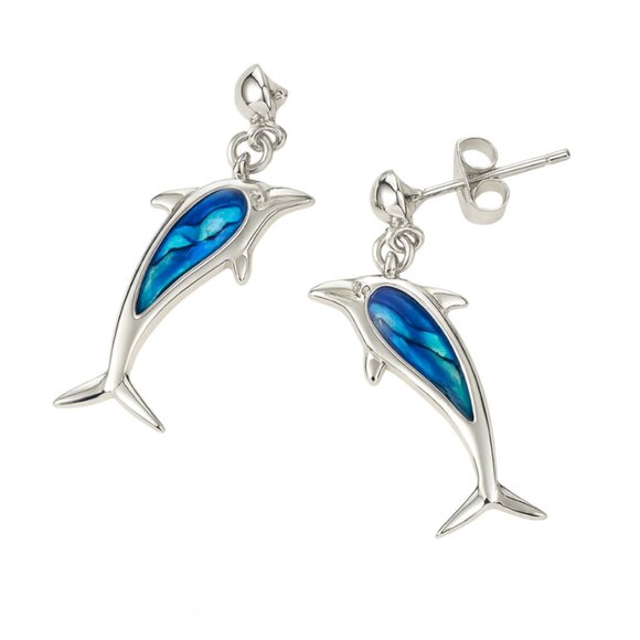 Jewelry - Silver Plated Dolphin Drop Earrings | Blue Abalone Inlay | Pierced Studs